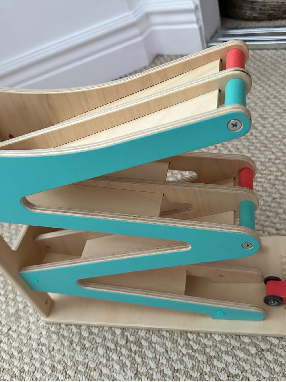 Stacking Wooden Car Ramp Toy - Teal and Red